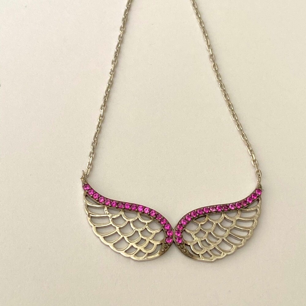 😇Angelwing pink cz stones 925 silver necklace
